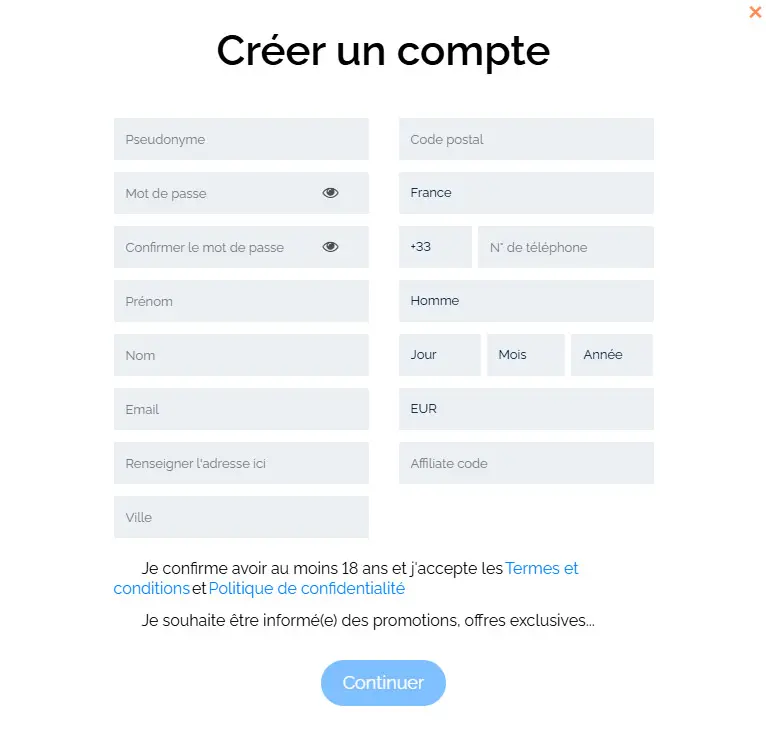 Processus d'inscription GRATOWIN CASINO